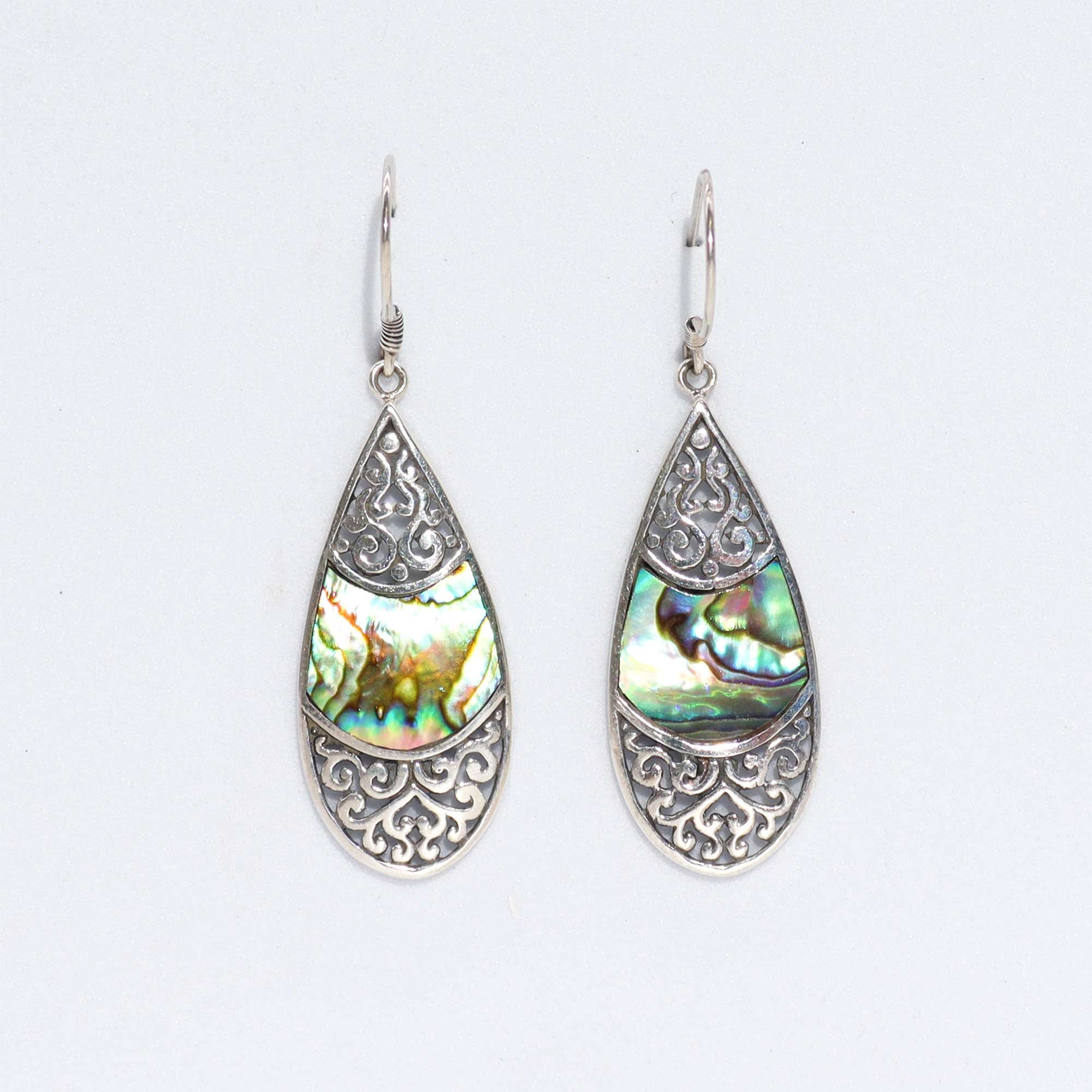 Shell and Silver Teardrop Oval Earrings with Abalone Design