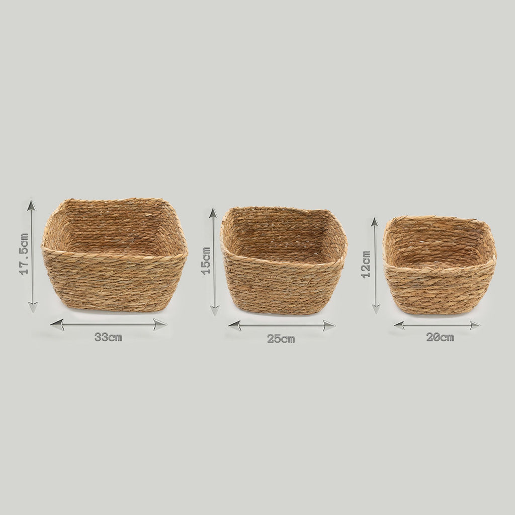 Natural Seagrass Square Baskets Set of 3 for Home Organisation