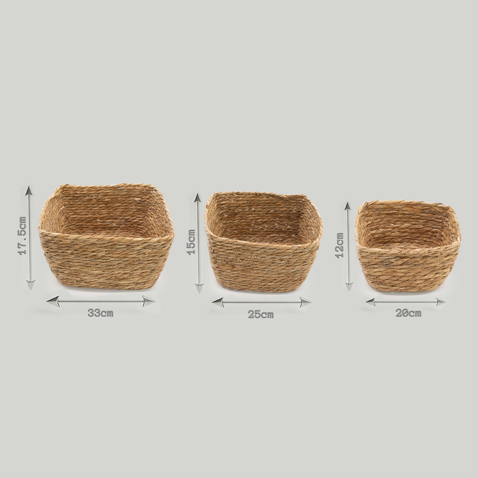 Natural Seagrass Square Baskets Set of 3 for Home Organisation
