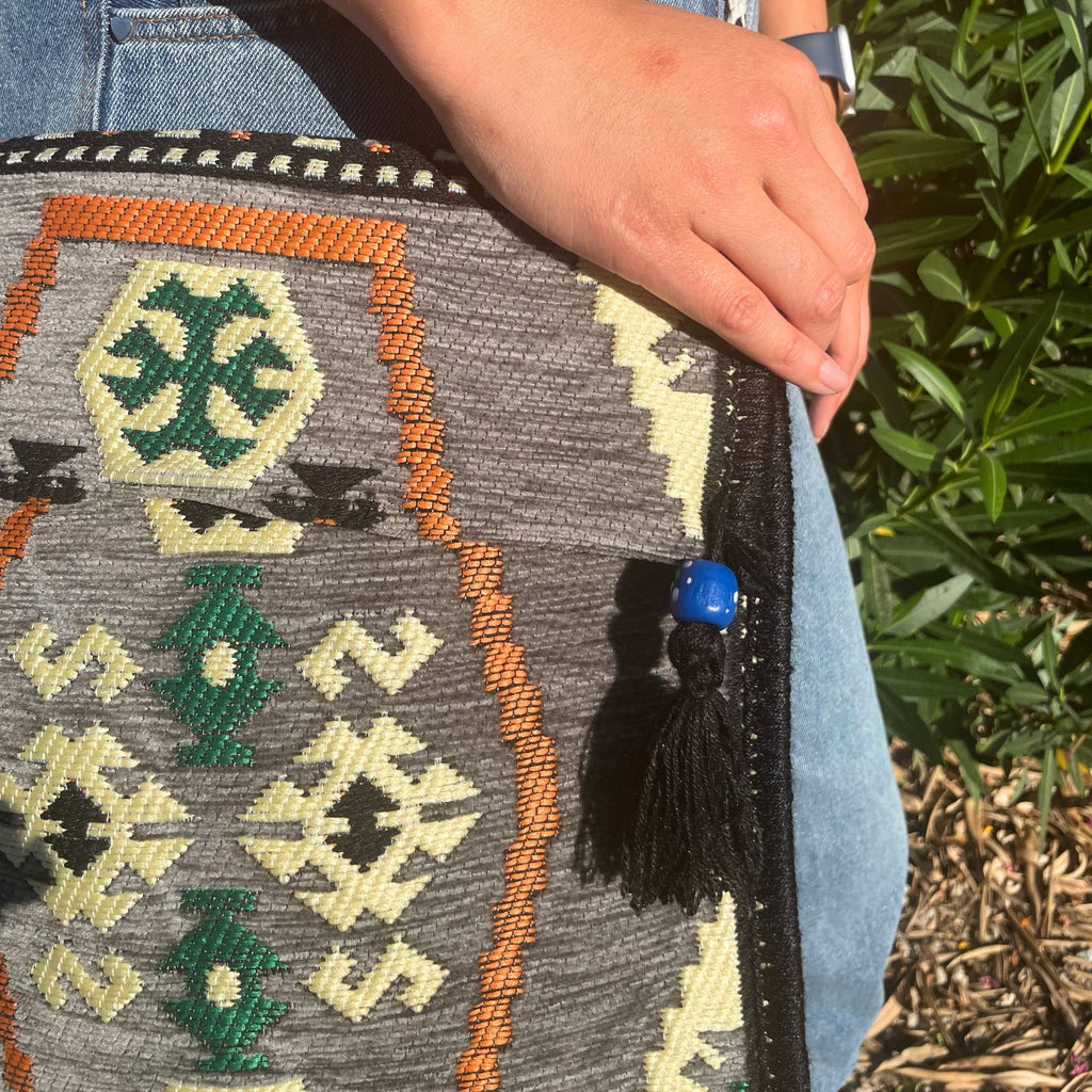 Pale Grey Kilim Messenger Festival Bag for Summer Events and Outings