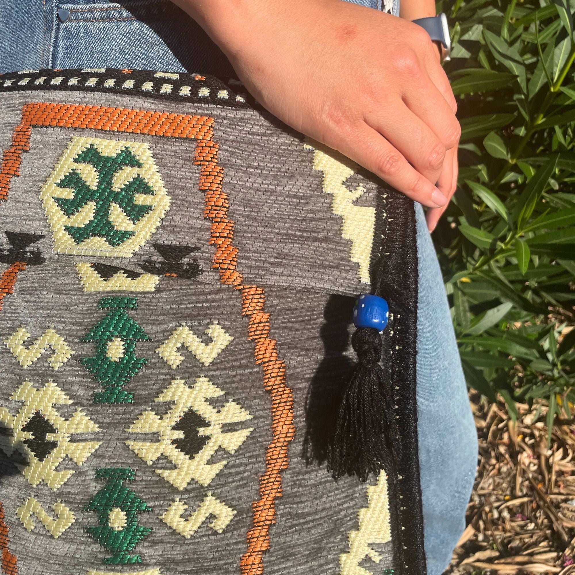 Pale Grey Kilim Messenger Festival Bag for Summer Events and Outings