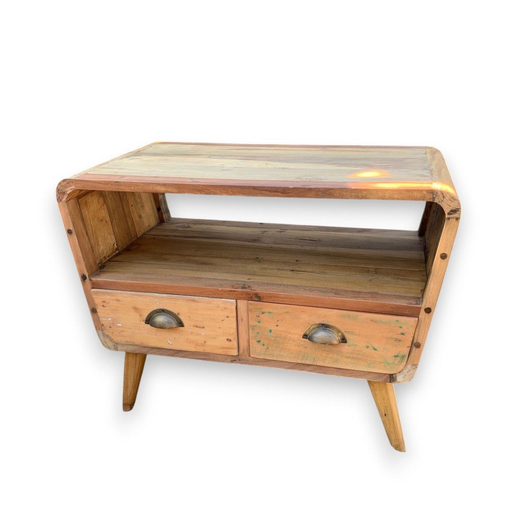 Small TV Stand with 2 Draws Round in Recycled Wood for Storage