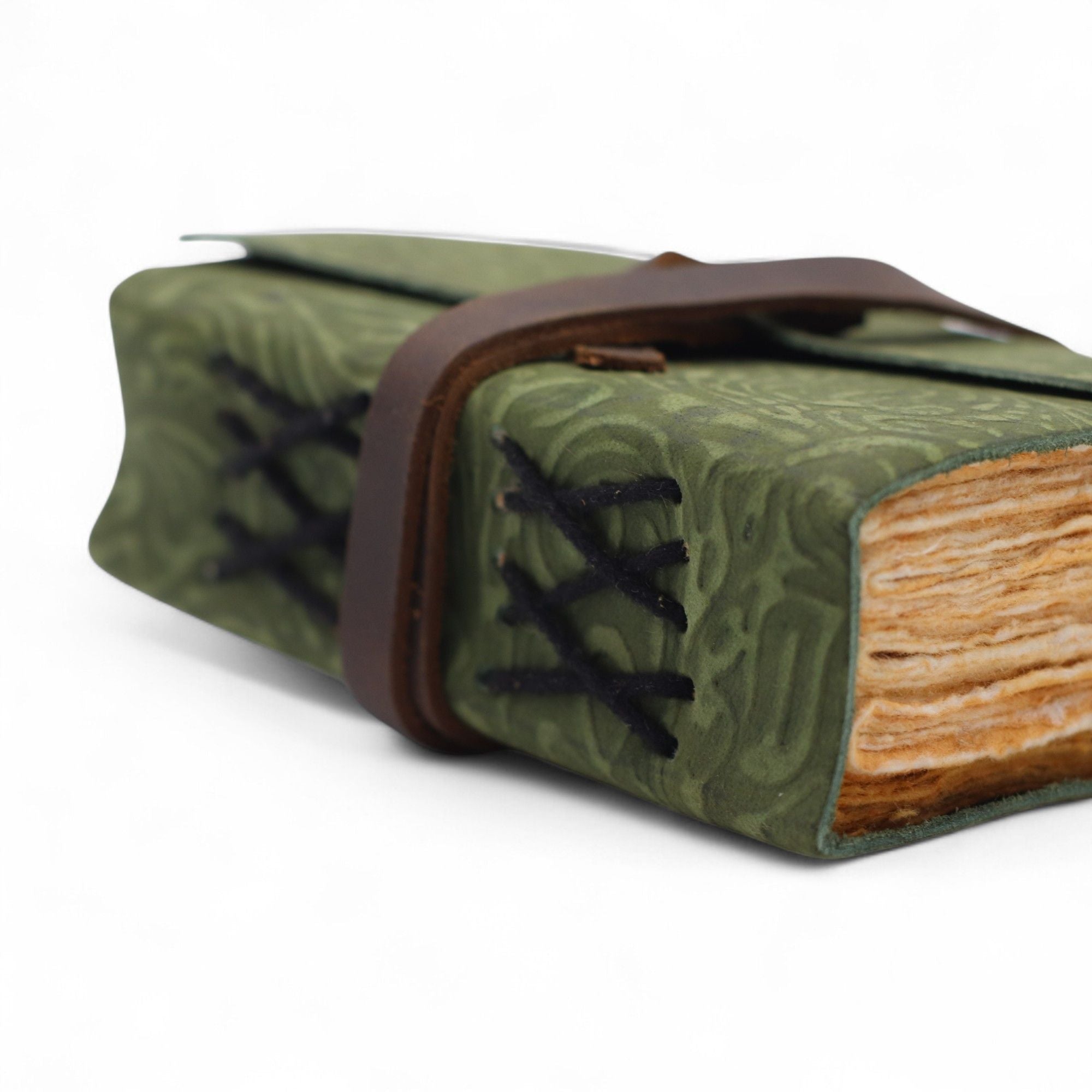 Fat Deckled Leather Notebook with Green Maze Pattern for Writing