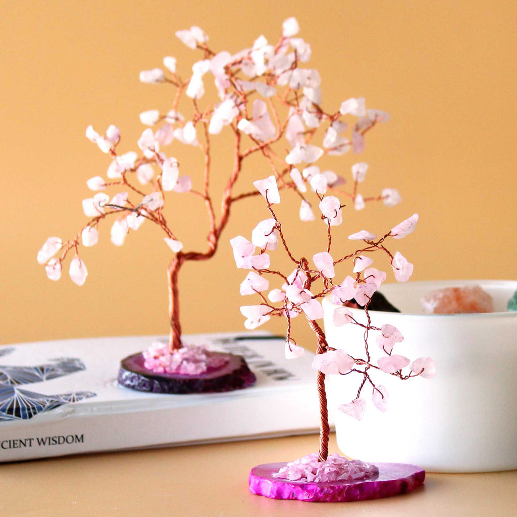 Rose Quartz Gemstone Tree on Pink Agate Base with 35 Beautiful Stones