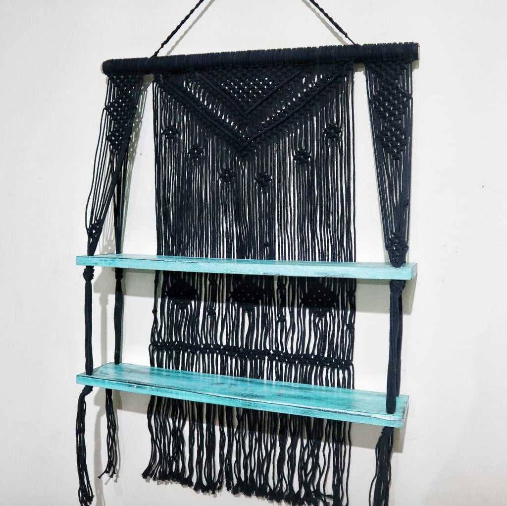 Black Macrame Hanging Shelves with Turquoise Accents for Decor