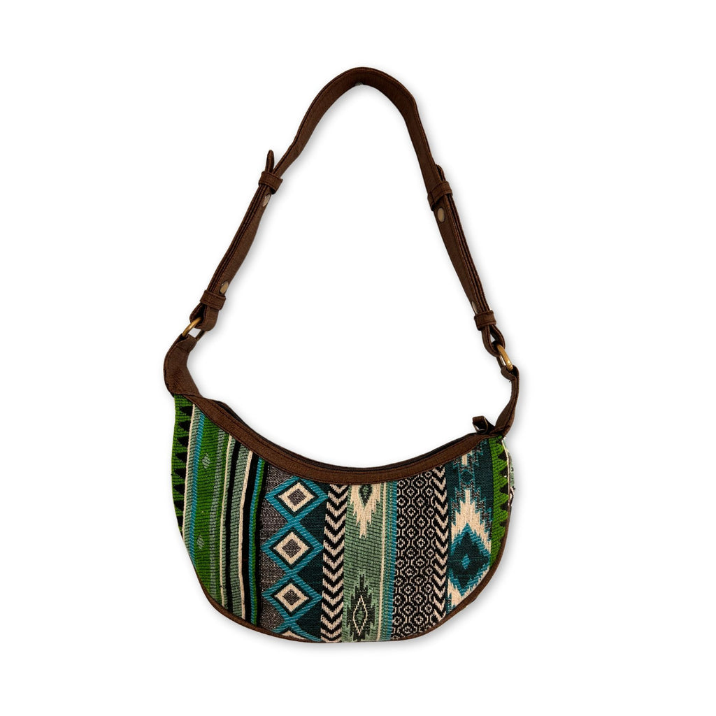 Jacquard Hobo Bag in Bold Greens with Stylish Brown Strap