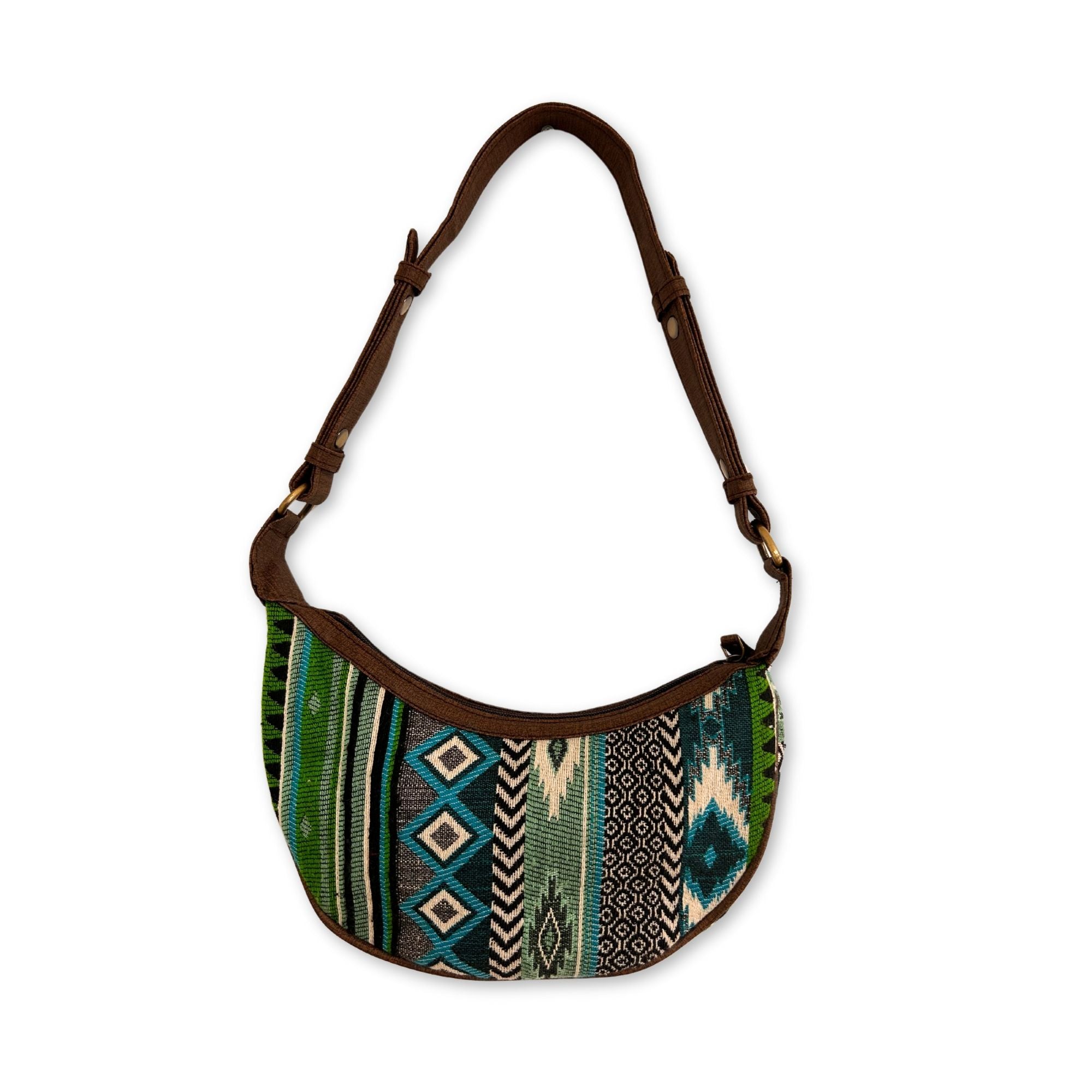 Jacquard Hobo Bag in Bold Greens with Stylish Brown Strap
