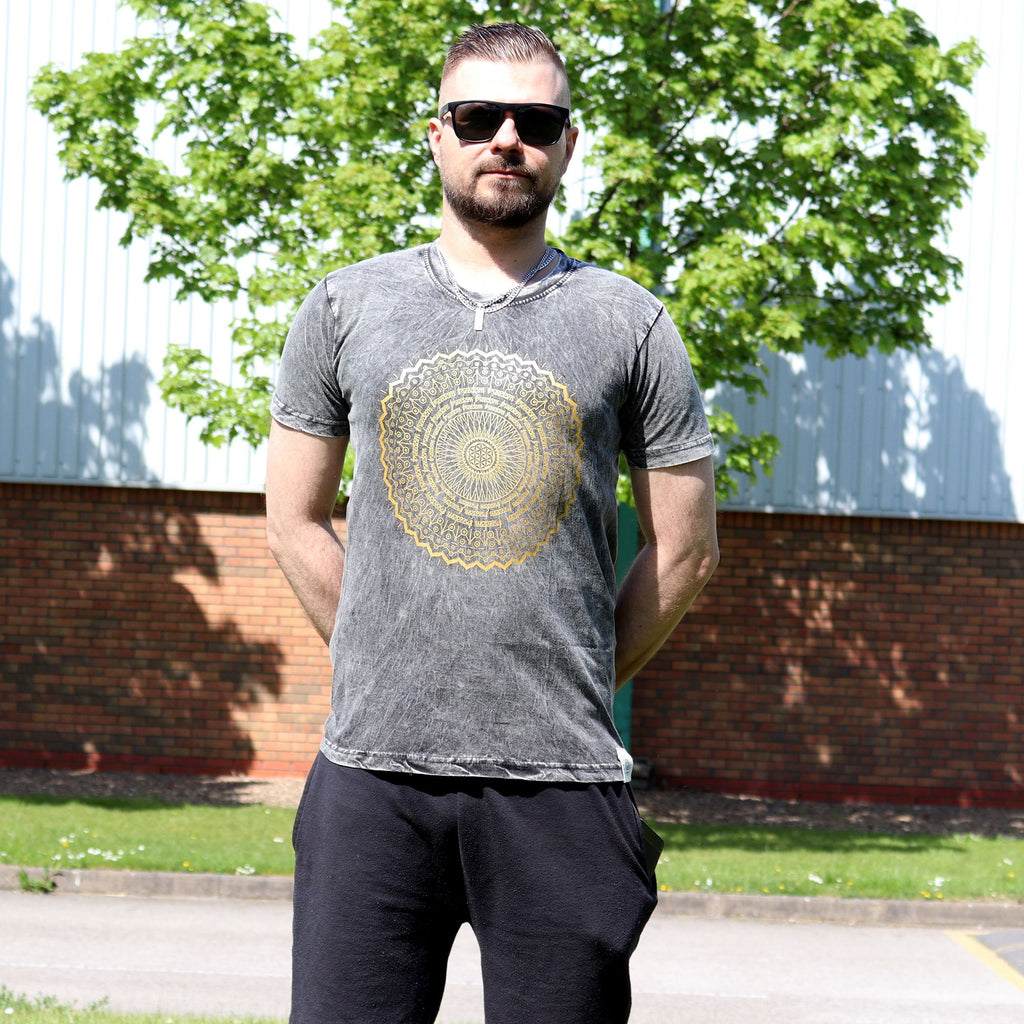 Nomad Sari Stonewashed Cotton T Shirt with Mandala Design Grey