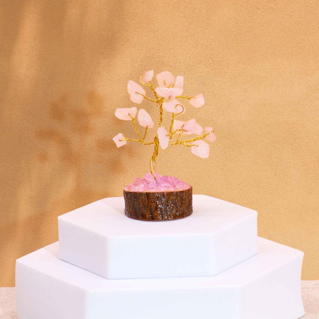 Mini Rose Quartz Gemstone Tree on Wooden Base with 15 Stones