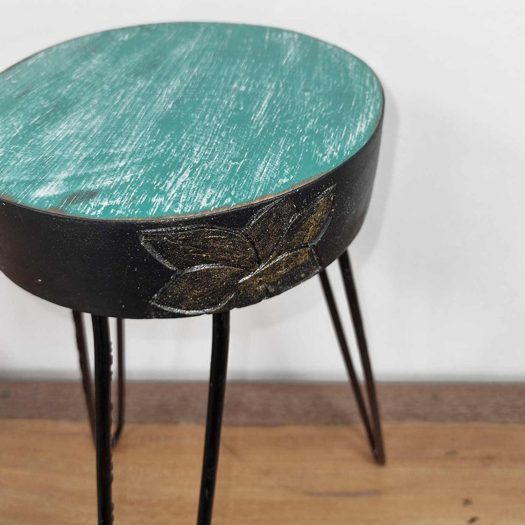 Albasia Wood Plant Stand with Turquoise and Gold Detail Design
