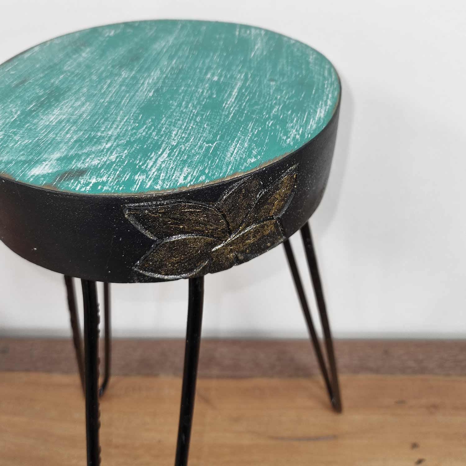 Albasia Wood Plant Stand with Turquoise and Gold Detail Design