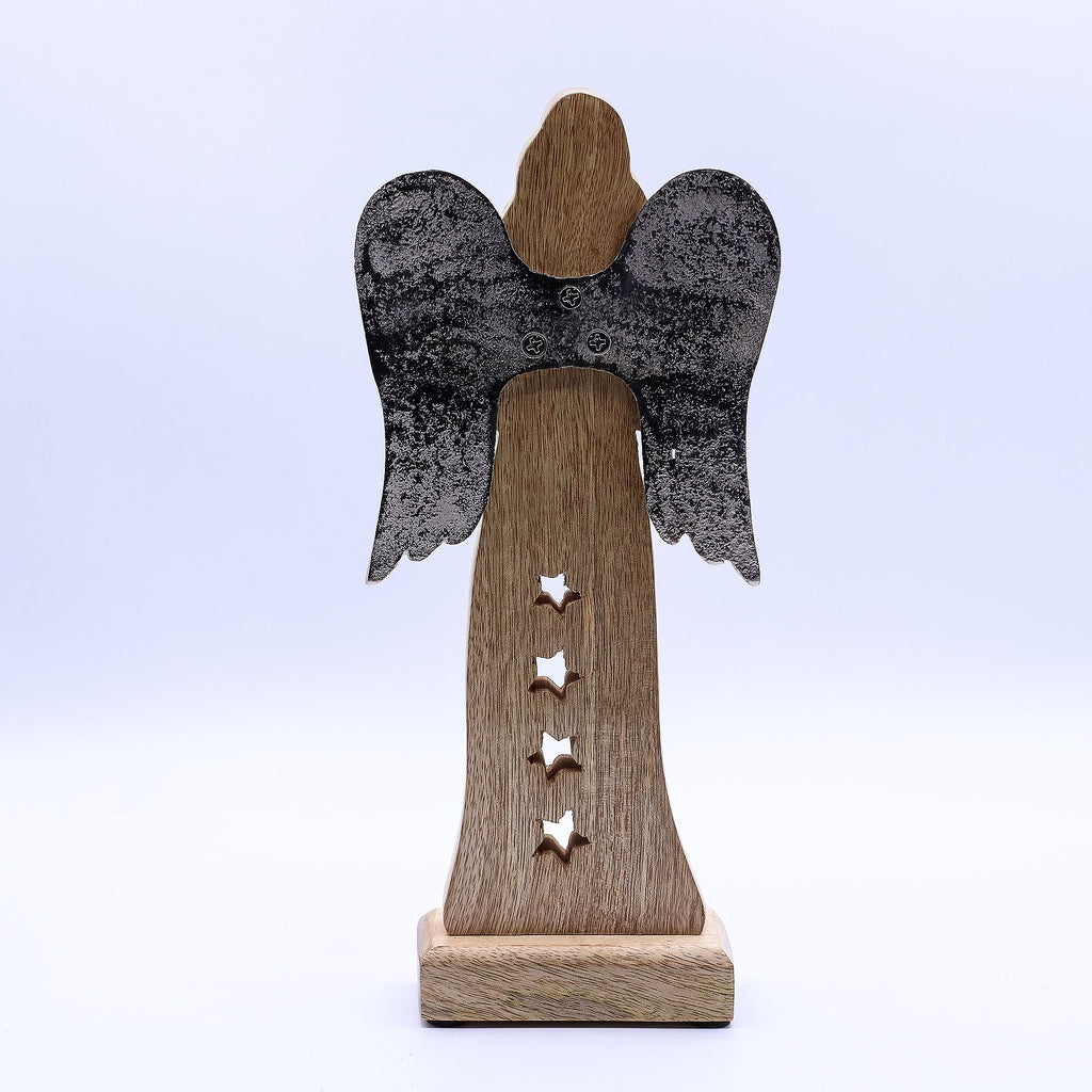Large Mango Wood Star Angel with Metal Wings and Enamel Detail