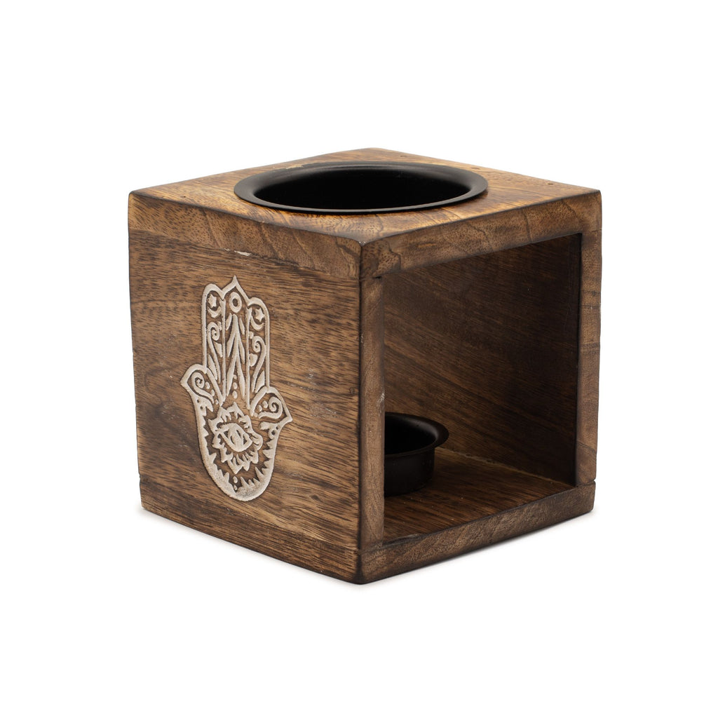 Square Mango Wood Oil Burner with Hamsa Symbol for Aromatherapy