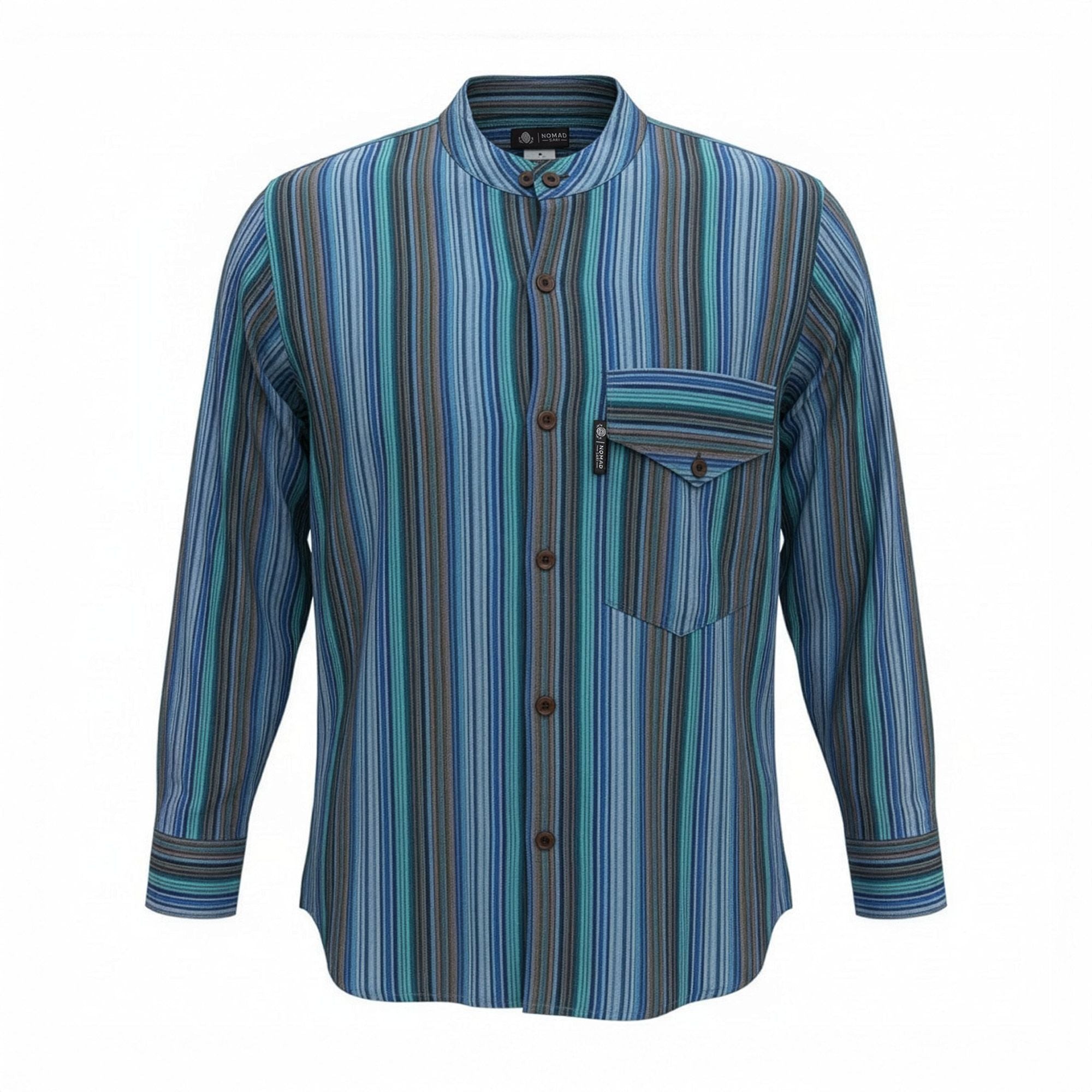 Nomad Sari Grandad Shirt in Turquoise with Vertical Stripes