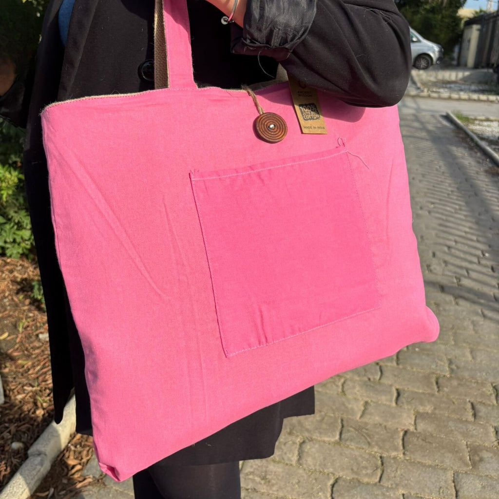 Jute & Cotton Reversible Big Bag in Pink for Versatile Use