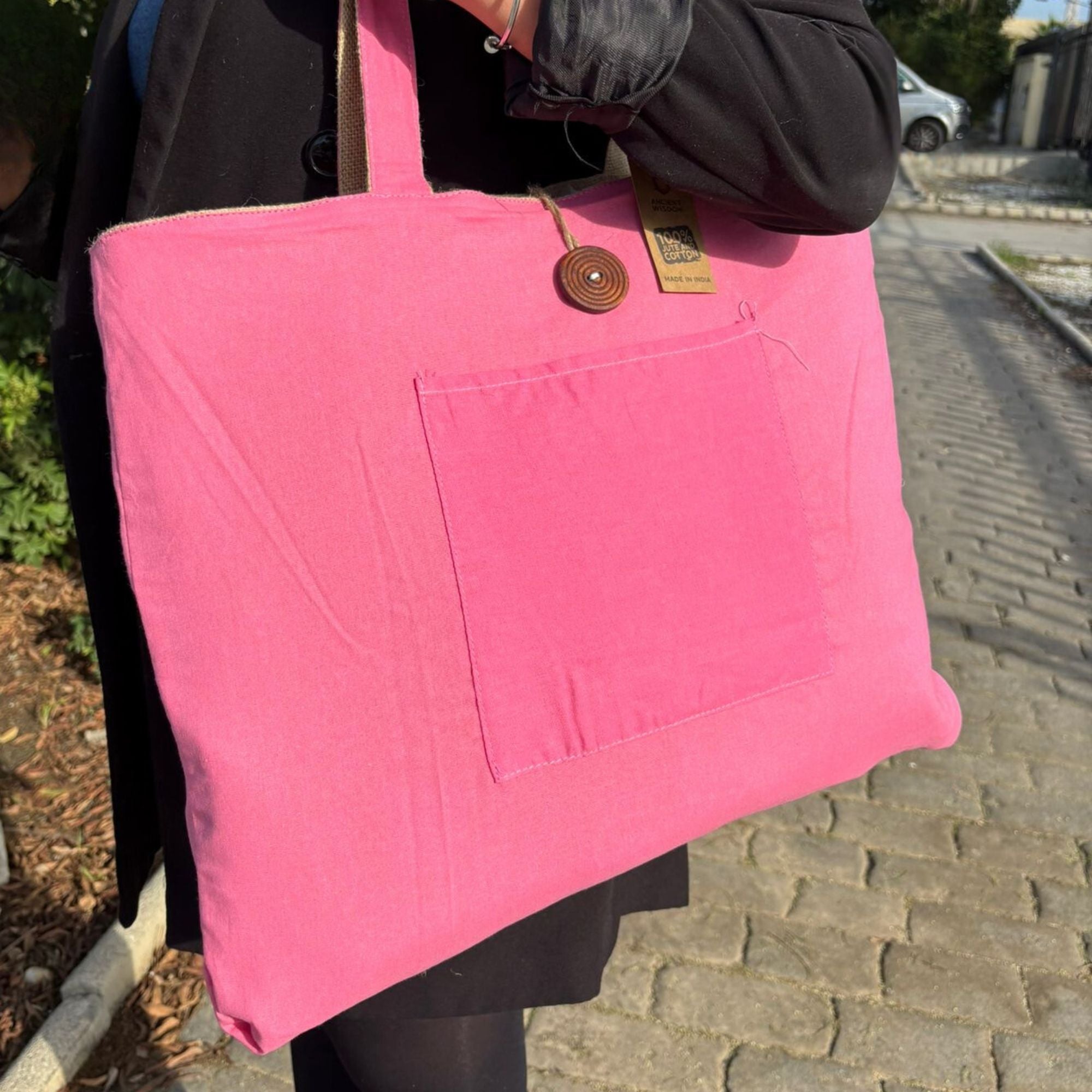 Jute & Cotton Reversible Big Bag in Pink for Versatile Use