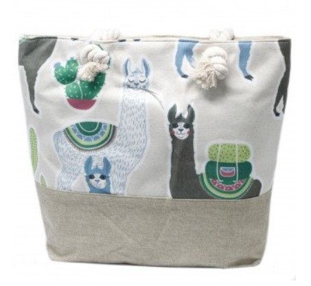 Rope Handle Bag Featuring Llamas in Vintage Green and Beige Tones