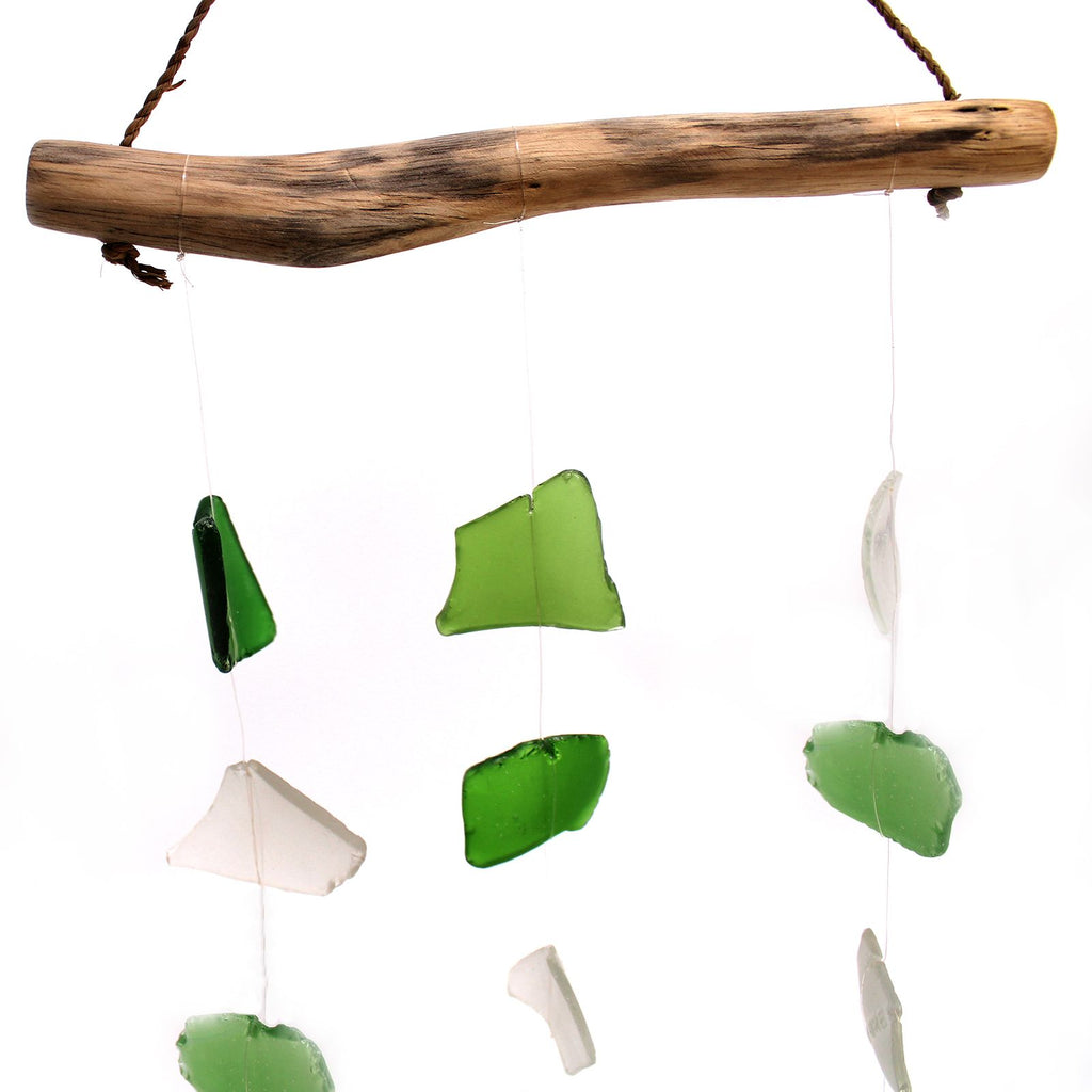 Three Drop Green and White Recycled Glass Wind Chimes