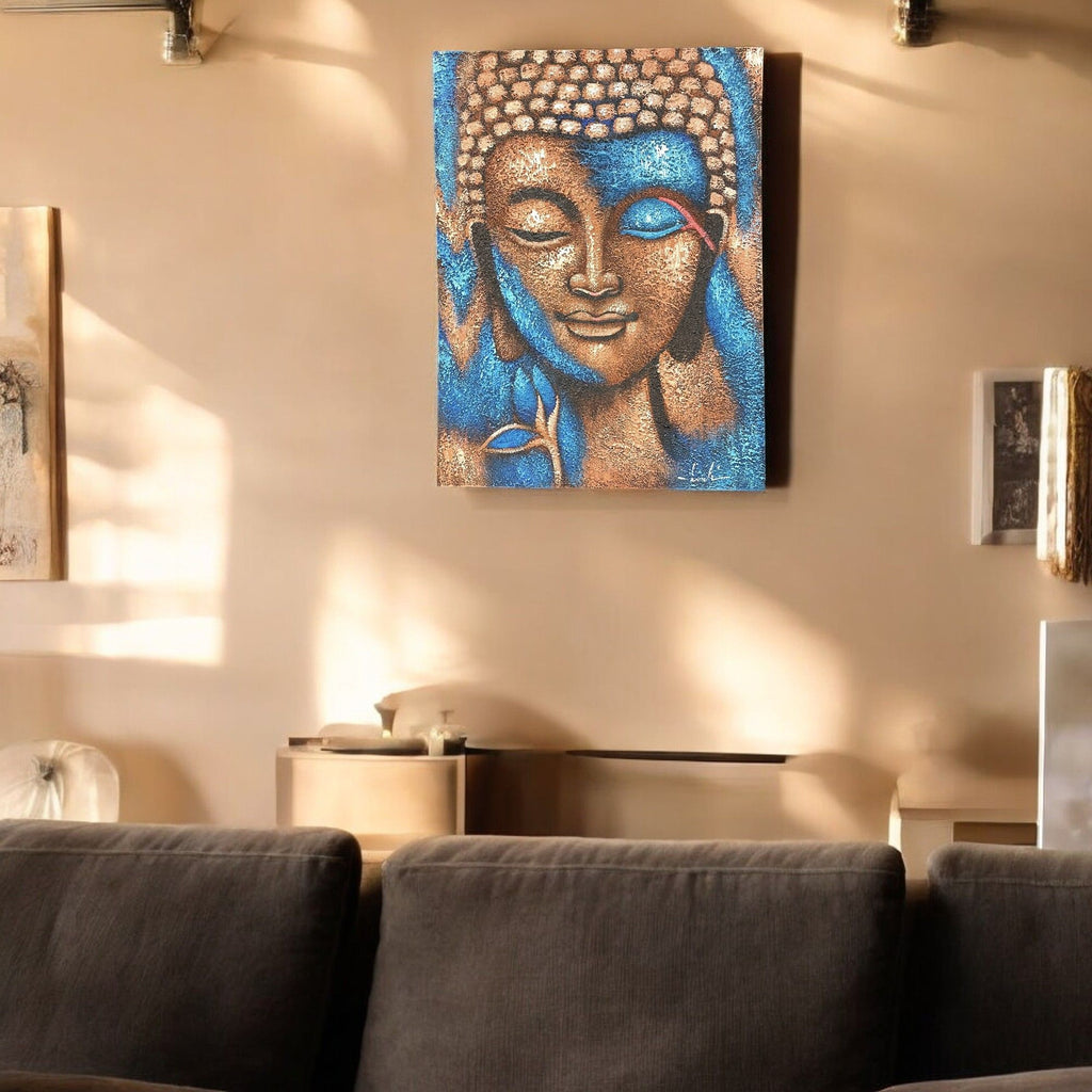 Buddha Painting in Bronze and Blue Flower Design 75x55cm Artwork