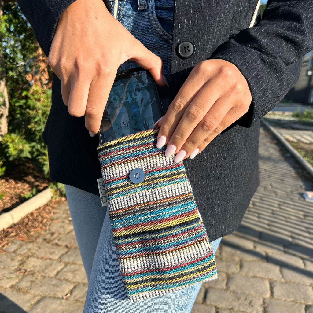 Handmade Phone Holder Bag with Stripes and White Owl Decor